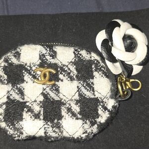 Black and White Tweed Coin Purse With Flower Charm